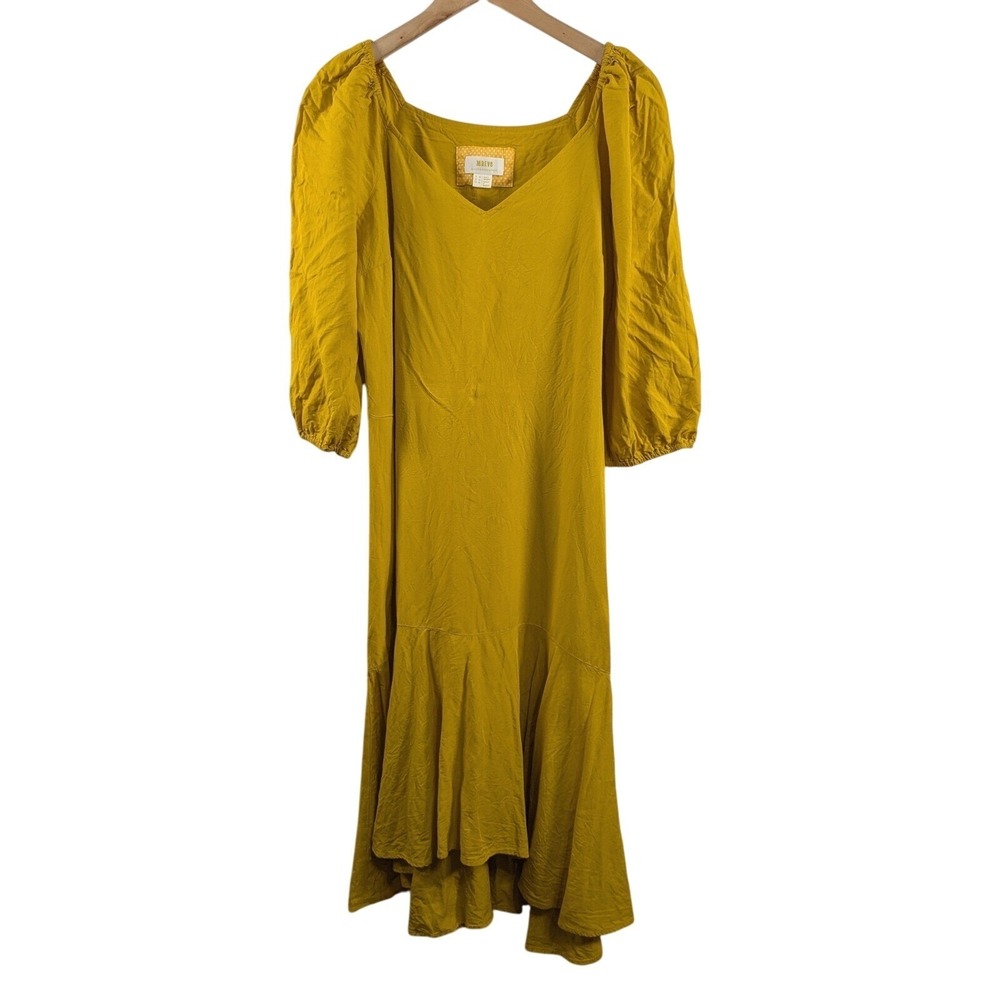 Maeve Anthropologie Womens Artemis Midi Dress sz 12 Mustard Yellow Puff Sleeve